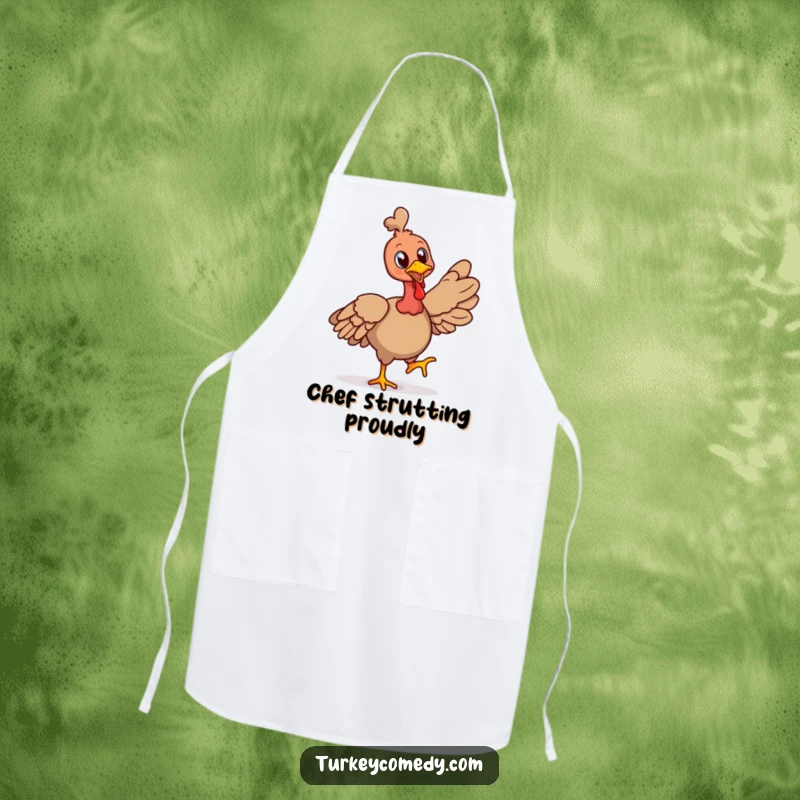Funny apron depicting a cheerful turkey character strutting proudly with its head held high, adding humor and confidence to cooking.