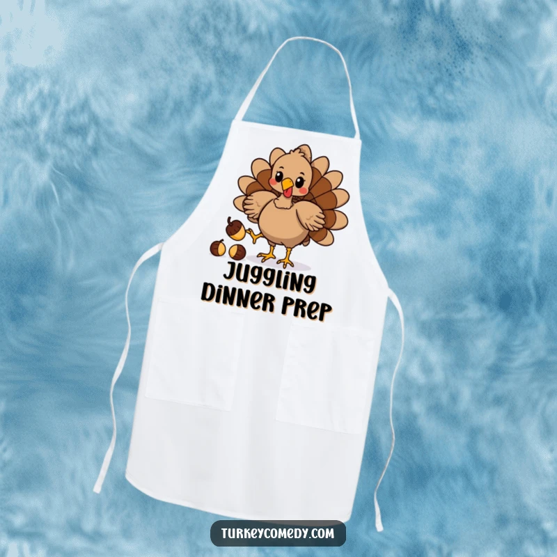 Funny apron depicting a playful turkey character juggling acorns with its feet, adding humor and skill to kitchen activities.
