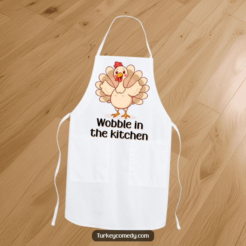 Funny apron depicting a happy turkey character doing a silly, wobbly dance, tail feathers fanned out, for a humorous cooking experience.