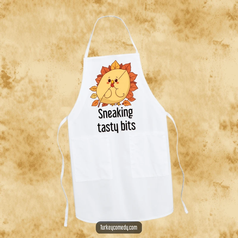 Funny apron with a curious turkey character peeking from behind a giant, festive autumn leaf, adding a playful element to cooking.