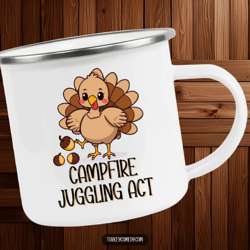 Funny camping mug with a playful turkey character juggling acorns with its feet, celebrating outdoor fun and impressive skills.