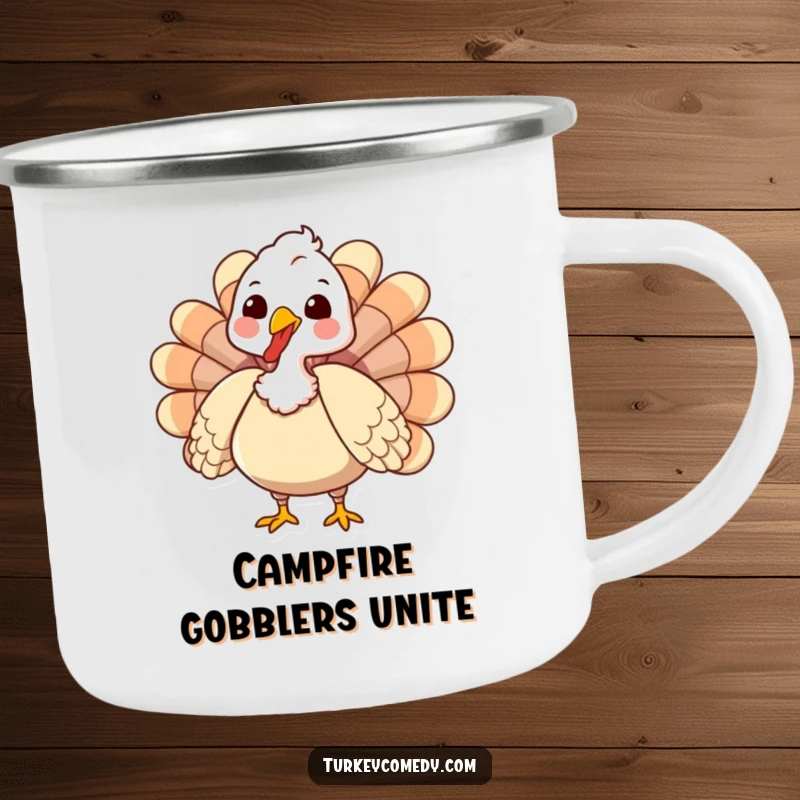 Funny Camping Mug with a gobbling turkey design, perfect for outdoor use, a durable and festive funny gift for campers.