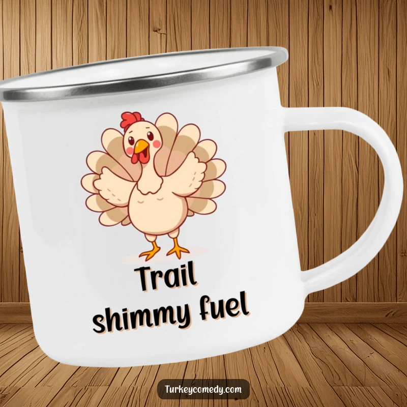 Funny camping mug showing a happy turkey character doing a silly, wobbly dance, tail feathers fanned out, ready for outdoor fun.
