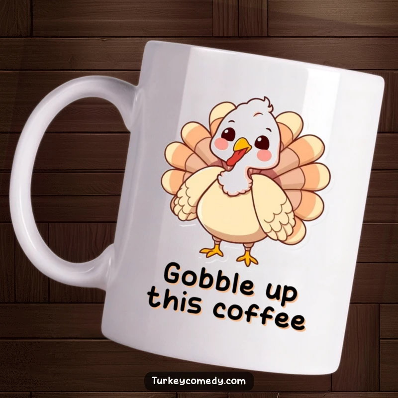 Funny Mug featuring a cute turkey character enthusiastically gobbling and puffing its chest feathers, full of Thanksgiving joy.