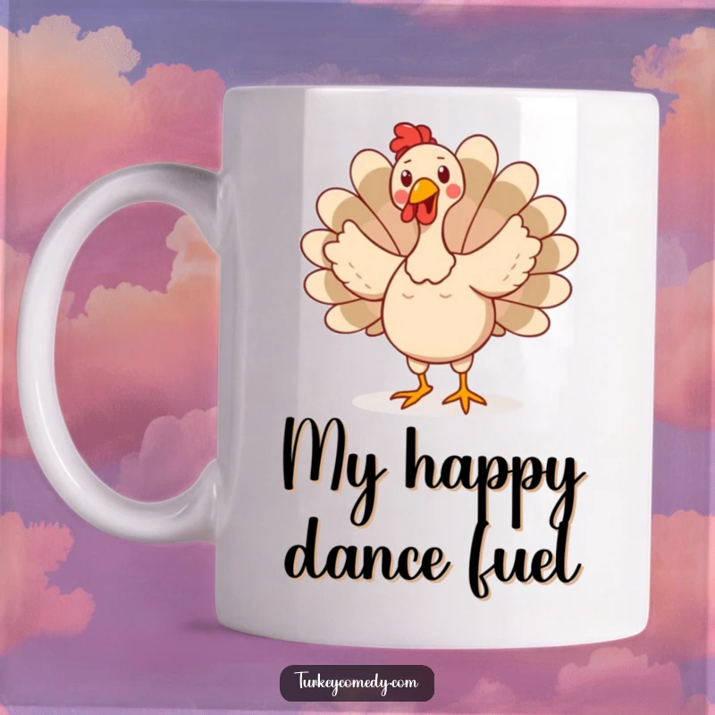 Funny mug with a happy turkey character doing a silly, wobbly dance, tail feathers fanned out, spreading joy and humor.