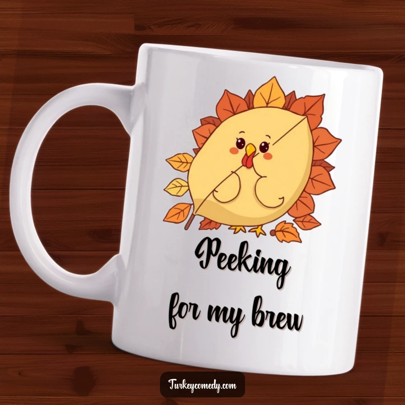 Funny mug featuring a curious turkey character peeking from behind a large, festive autumn leaf, adding a playful touch to your morning.