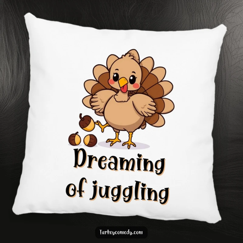 Funny pillow with a playful turkey character juggling acorns with its feet, adding a humorous and comfortable accent to any room.