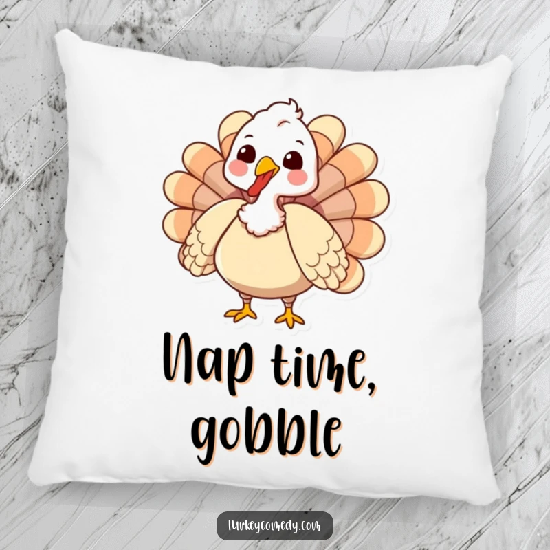 Funny Pillow featuring an enthusiastic, gobbling turkey with puffed chest feathers, providing cozy holiday comfort, a delightful funny gift.