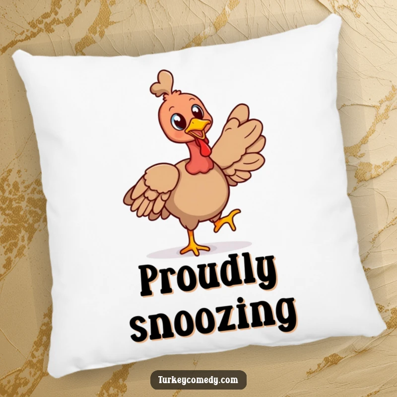 Funny pillow with a cheerful turkey character strutting proudly with its head held high, adding a humorous and confident accent.