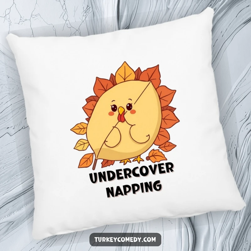 Funny pillow featuring a curious turkey character peeking from behind a large, festive autumn leaf, offering a cozy and humorous touch.