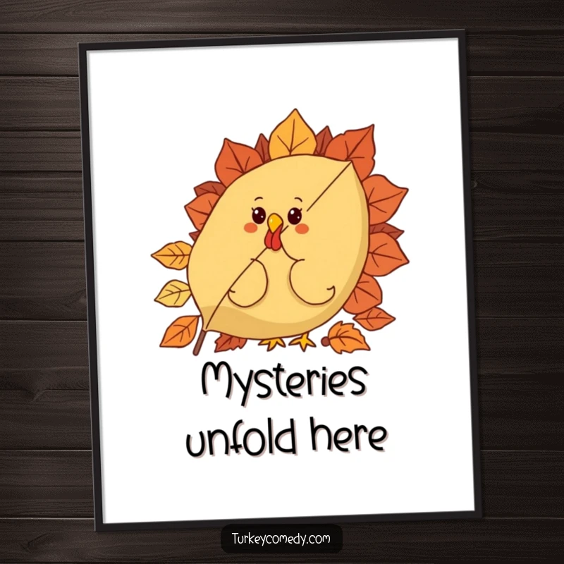 Funny digital art print of a curious turkey character peeking from behind a giant, festive autumn leaf, ideal for whimsical seasonal decor.