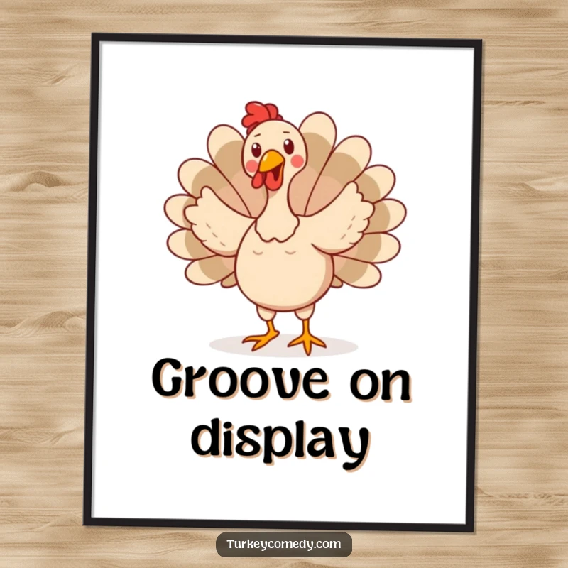 Funny digital art print of a happy turkey character performing a silly, wobbly dance with fanned tail feathers, ideal for humorous wall decor.