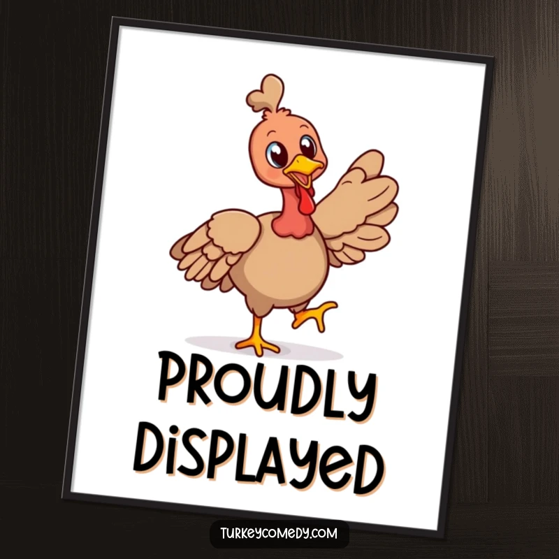 Funny digital art print of a cheerful turkey character strutting proudly with its head held high, ideal for inspiring and humorous decor.