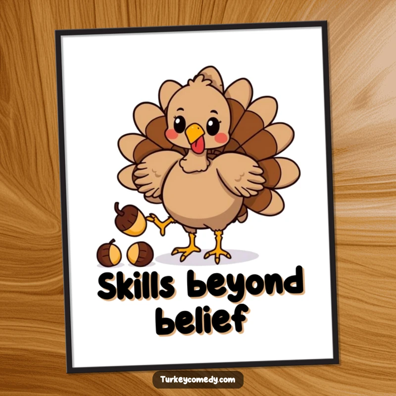 Funny digital art print of a playful turkey character juggling acorns with its feet, ideal for adding humor and visual interest.