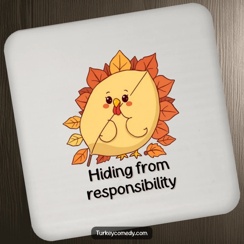 Funny drink coaster set with a curious turkey character peeking from behind a giant, festive autumn leaf, adding seasonal humor and protection.