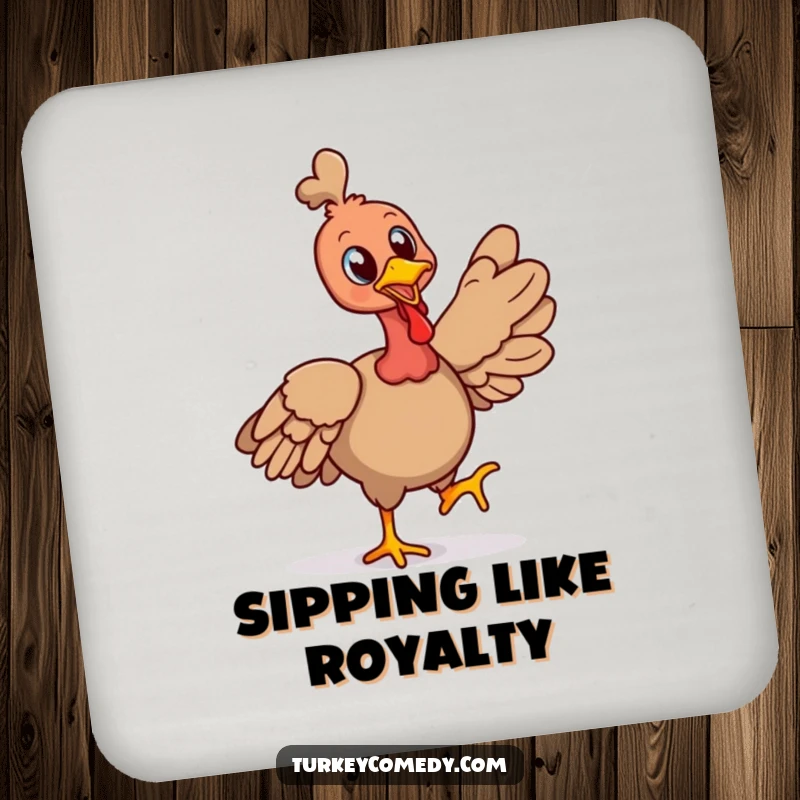 Funny drink coaster set with a cheerful turkey character strutting proudly with its head held high, adding humor and protection.