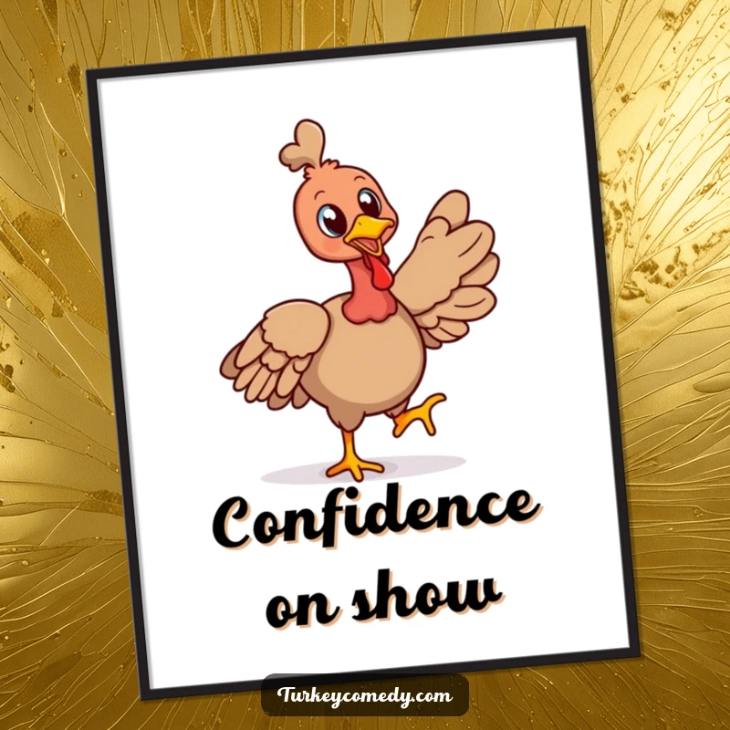 Funny poster art of a cheerful turkey character strutting proudly with its head held high, creating an inspiring and humorous scene.