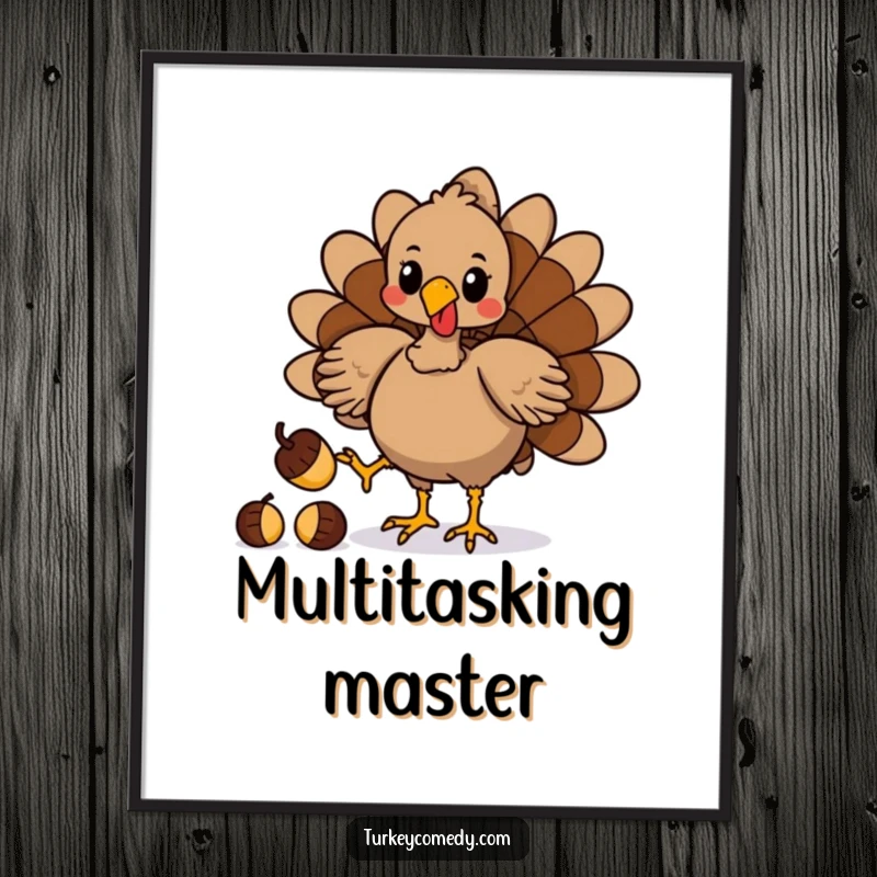Funny poster art of a playful turkey character attempting to juggle acorns with its feet, creating a captivating and humorous visual.
