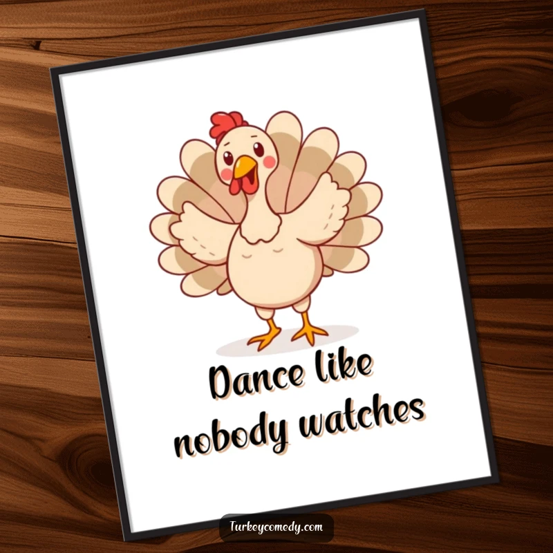 Funny poster art of a happy turkey character performing a silly, wobbly dance with its tail feathers spread wide, creating a humorous scene.