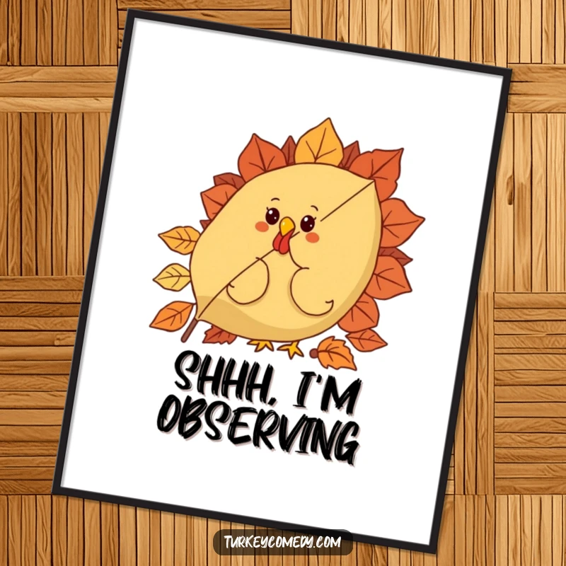 Funny poster art of a curious turkey character peeking from behind a giant, festive autumn leaf, creating a whimsical and engaging scene.