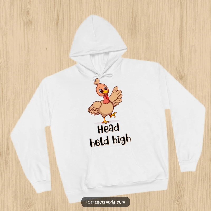 Funny hoodie featuring a cheerful turkey character strutting proudly with its head held high, offering warmth and a confident vibe.