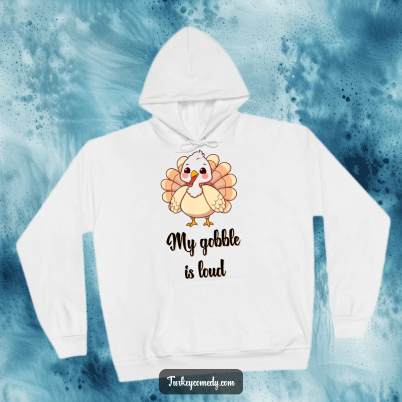 Funny Hoodie featuring an enthusiastic, gobbling turkey with puffed feathers, providing warmth and festive cheer, an ideal funny gift.