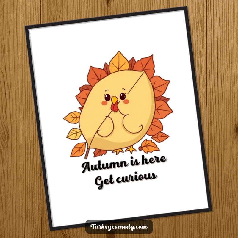 Funny Free Printable Wall Art of a curious turkey peeking from behind a large, colorful festive autumn leaf, adding a whimsical touch.