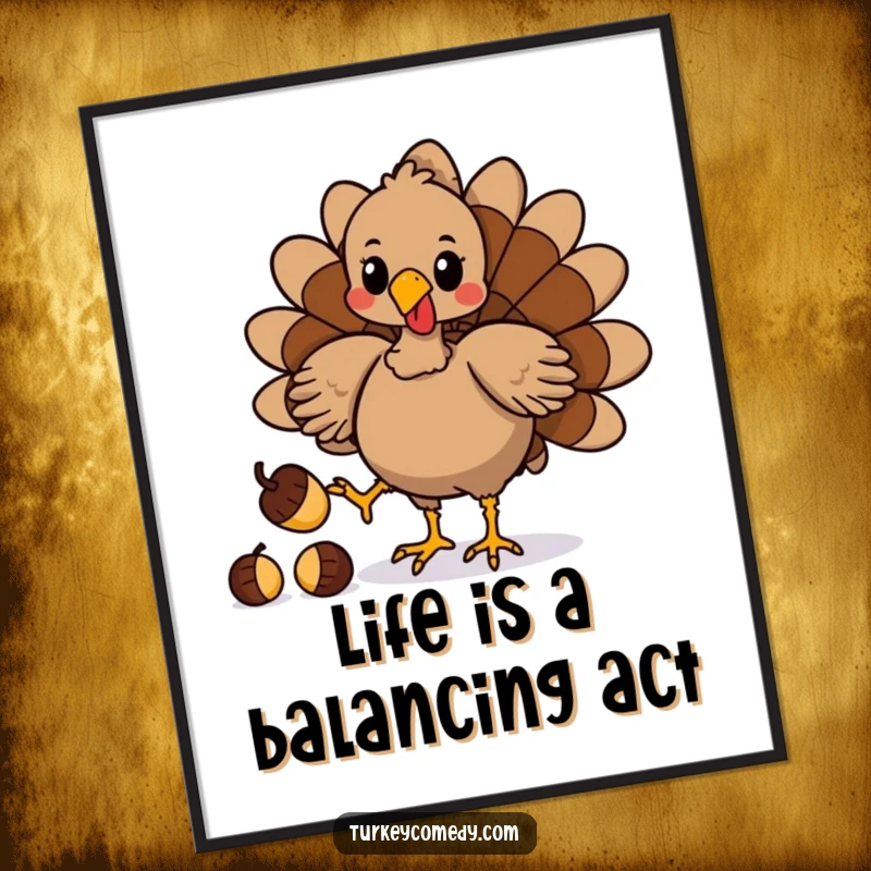 Funny Free Printable Wall Art depicting a playful turkey masterfully juggling acorns with its feet, showcasing amazing coordination and humor.
