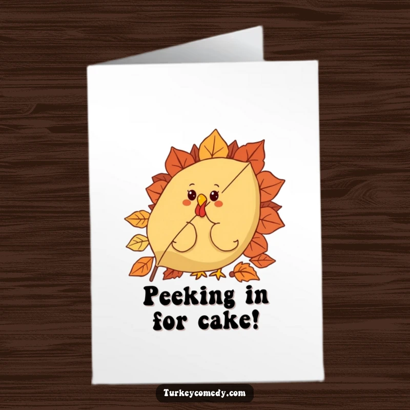 Funny Free Printable Birthday Card featuring a curious turkey peeking out from behind a large, colorful autumn leaf with a playful expression.