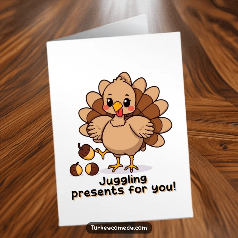 Funny Free Printable Birthday Card featuring a playful turkey skillfully juggling acorns with its feet, looking quite pleased with its talent.