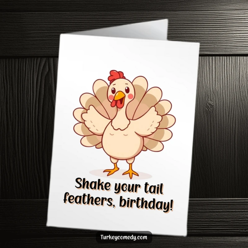 Funny Free Printable Birthday Card featuring a happy turkey wiggling its tail feathers in a hilarious, wobbly dance pose.