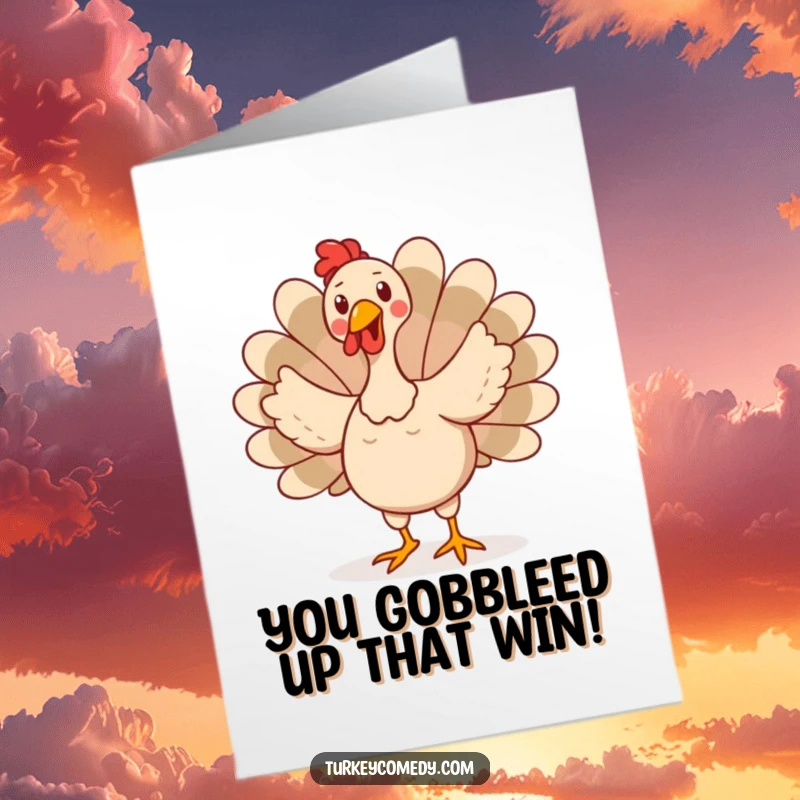 Funny Free Printable Congratulations Card showing a turkey doing a silly, joyful dance with its tail feathers fanned out.