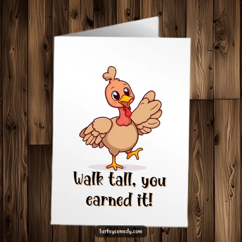 Funny Free Printable Congratulations Card showing a cheerful turkey strutting proudly with its head held high, celebrating a significant accomplishment.