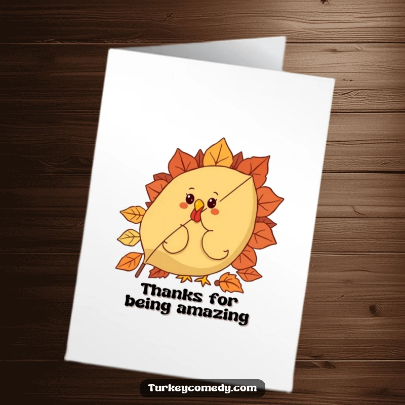 Funny Free Printable Thank You Card with a curious turkey peeking over a large autumn leaf, conveying heartfelt thanks with a smile.