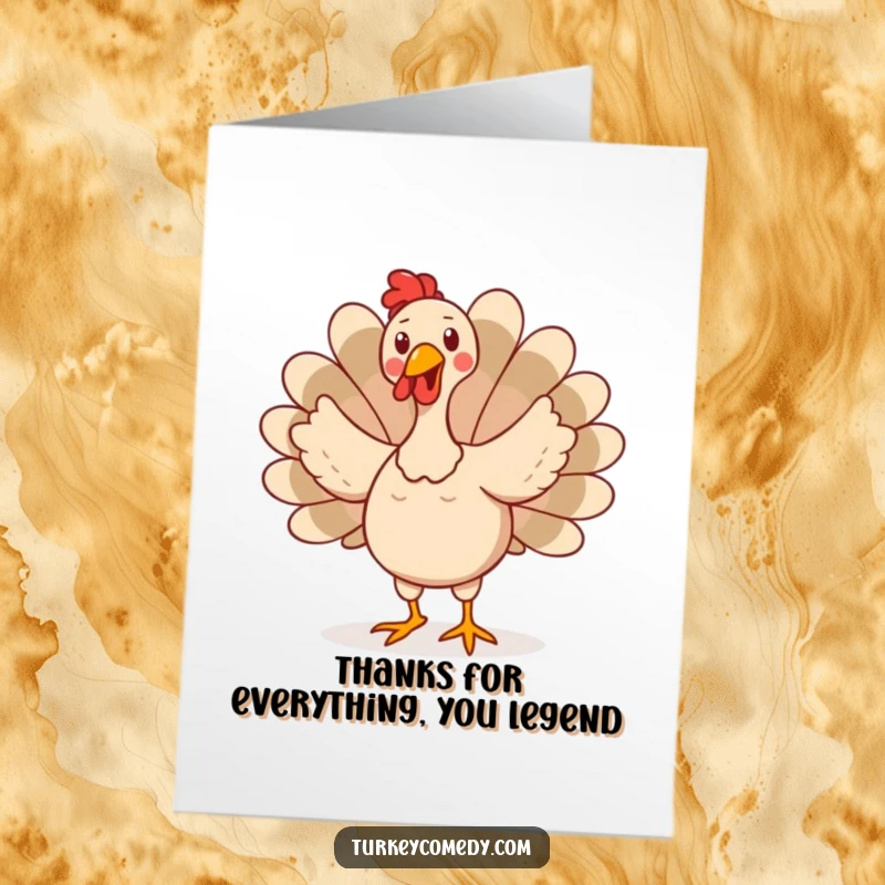 Funny Free Printable Thank You Card with a turkey doing a comical dance, tail feathers spread wide, expressing joyful thanks.