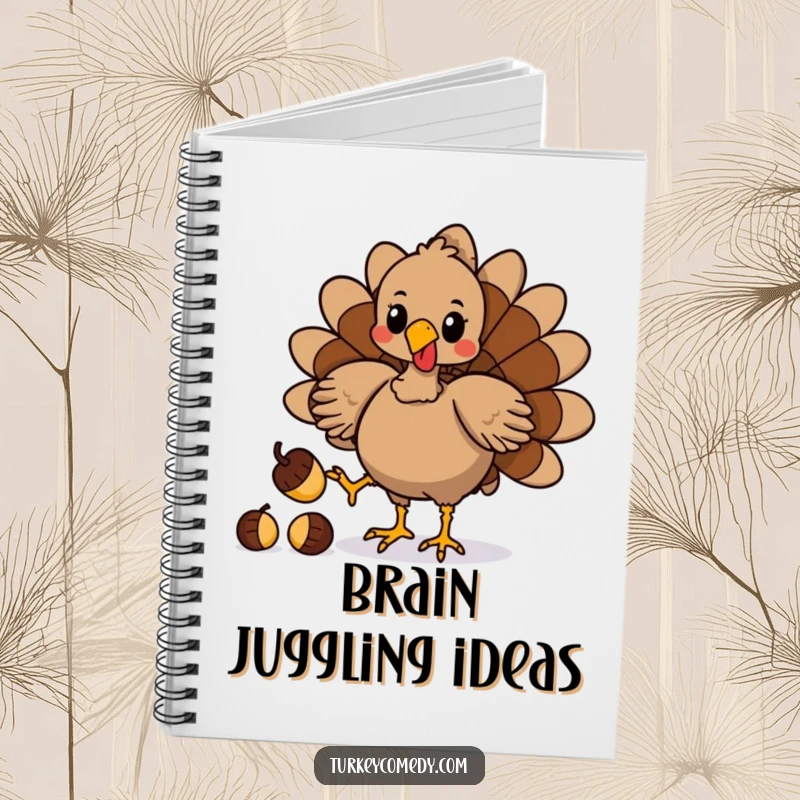 Funny notebook featuring a playful turkey character juggling acorns with its feet, encouraging organization and creative expression.