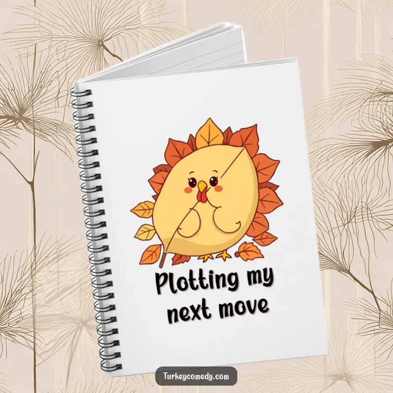 Funny notebook featuring a curious turkey character peeking from behind a giant, festive autumn leaf, inspiring creative and thoughtful writing.