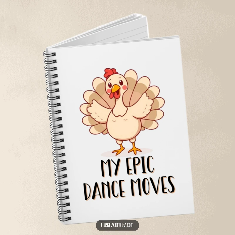 Funny notebook featuring a happy turkey character doing a silly, wobbly dance, tail feathers fanned out, inspiring creative and humorous entries.