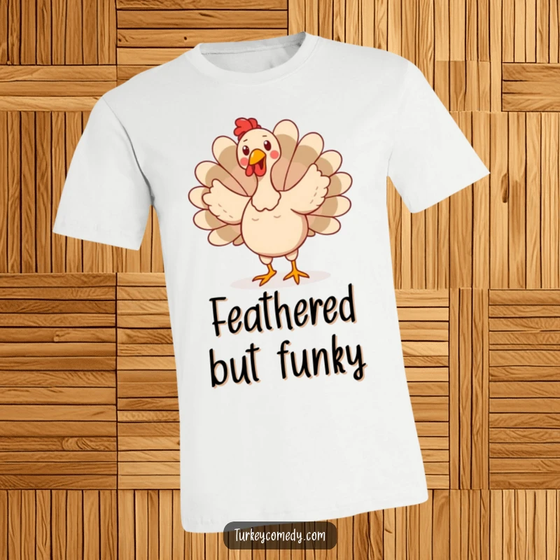 Funny t-shirt showcasing a happy turkey character performing a silly, wobbly dance with fanned tail feathers for maximum amusement.