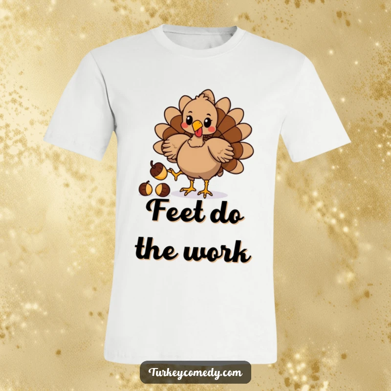 Funny t-shirt featuring a playful turkey character skillfully juggling acorns with its feet, highlighting a surprising and amusing talent.