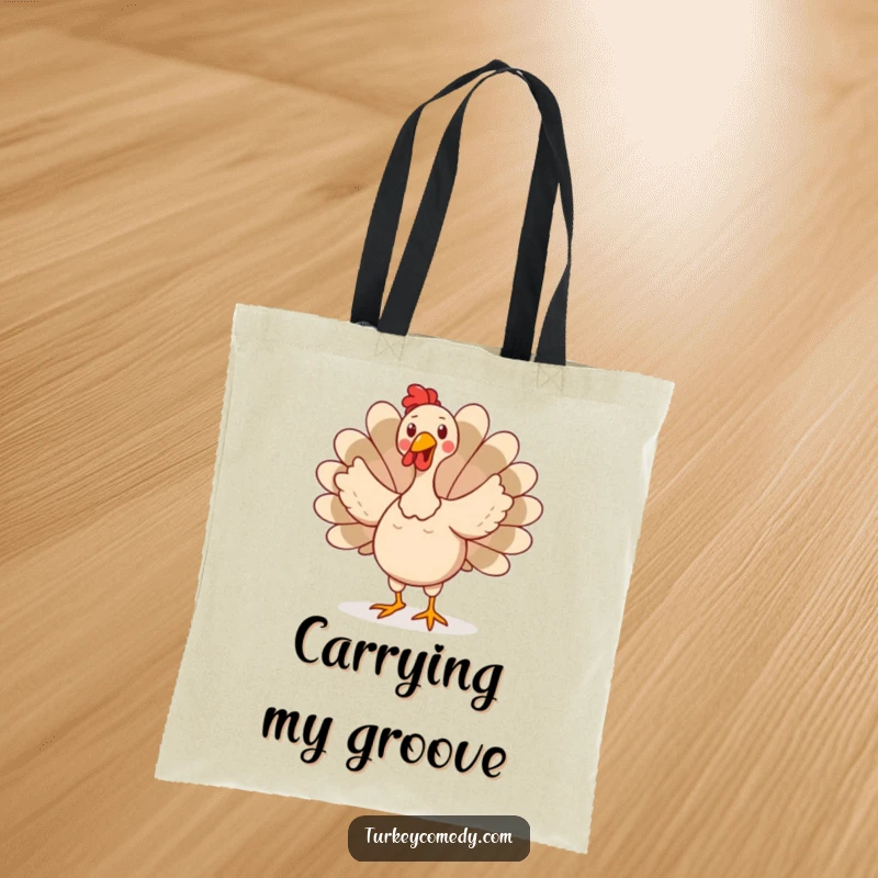 Funny tote bag with a happy turkey character doing a silly, wobbly dance, tail feathers fanned out, making errands more amusing.