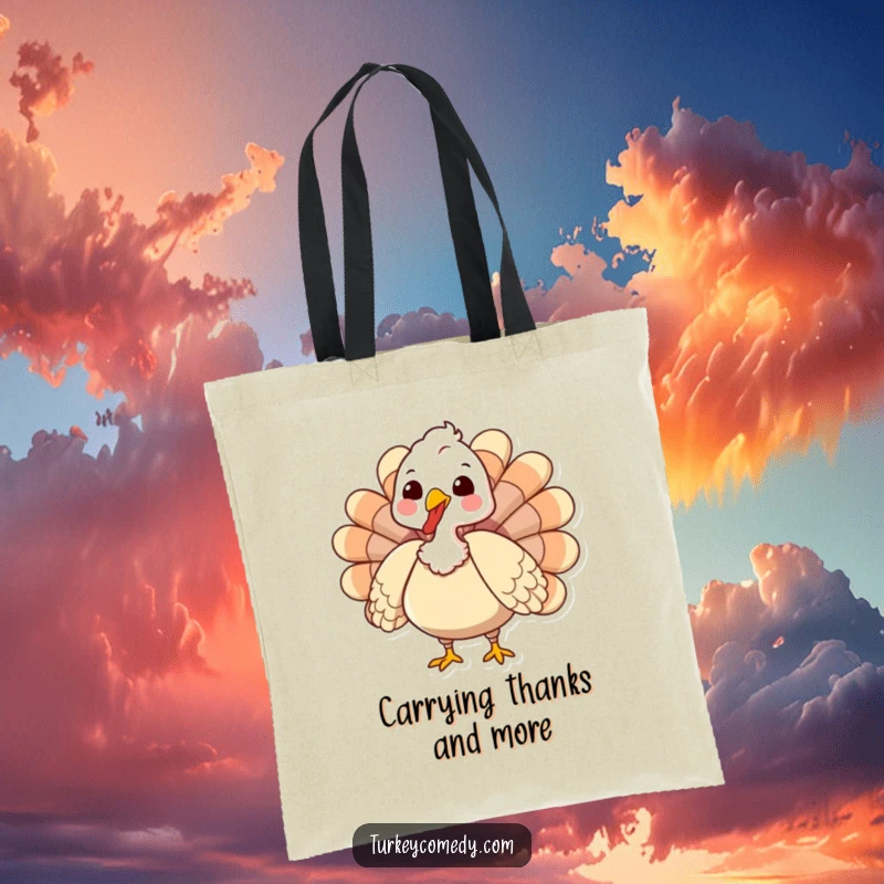 Funny Tote Bag showcasing an excited turkey gobbling and showing off its chest feathers, perfect for holiday errands, a cool funny gift.