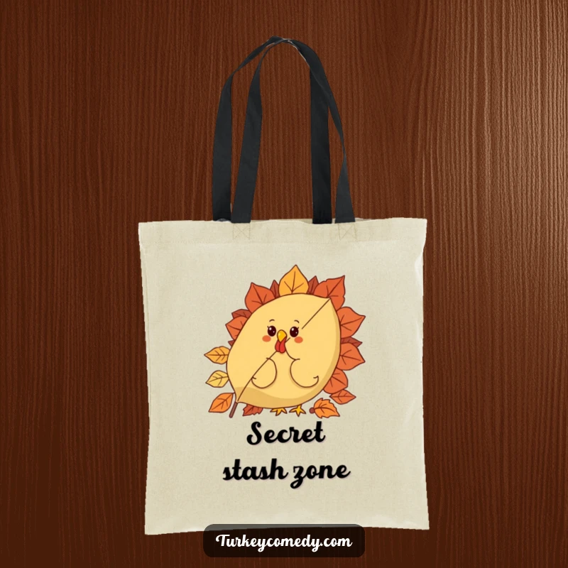 Funny tote bag with a curious turkey character peeking from behind a giant, festive autumn leaf, ready for any autumn adventure.